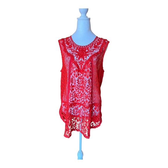 TINY Tops - Tiny Crochet‎ Tank Top Sleeveless Red Lace Overlay Casual Summer Size L
